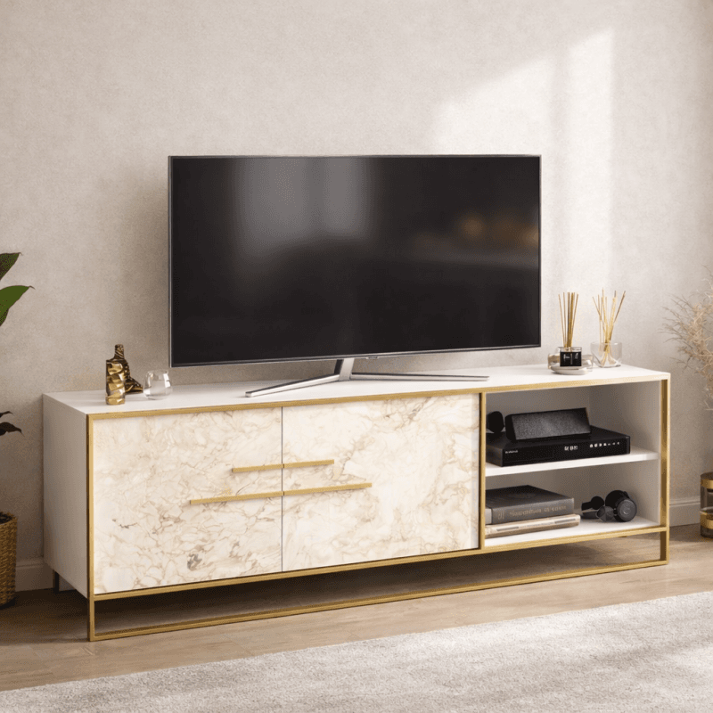 Mueble de TV SIENA · biIaminado mármol blanco con metal dorado · 160 cms.
